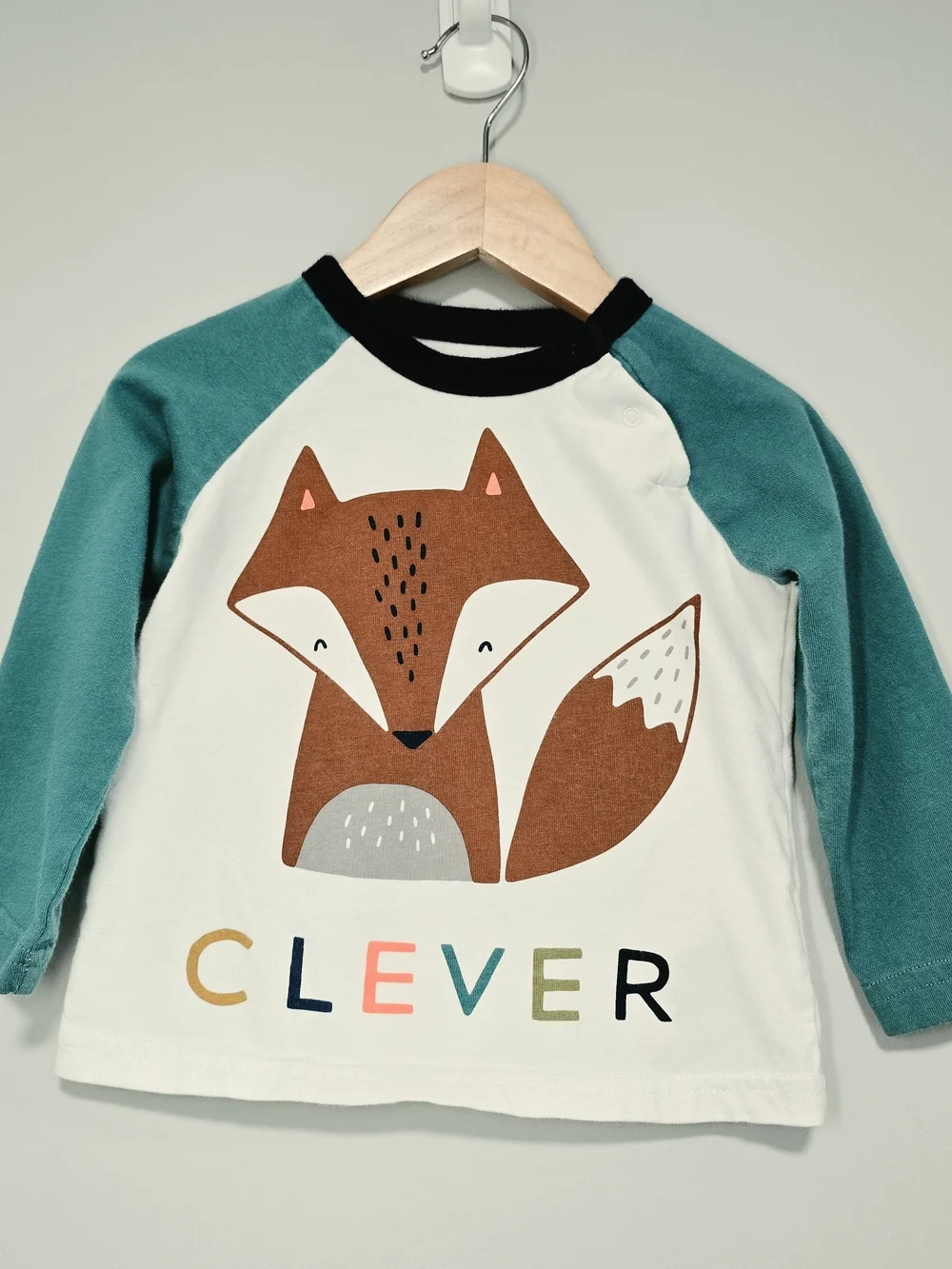 GAP Kids Raglan Fox Tee - Teal Sleeves & White Body Soft Cotton.